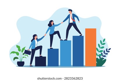 Flat business growth and teamwork vector illustration.