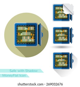 flat business icon open safe with money coin and bank note with oval  long shadow and folded corner
