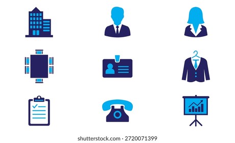 Flat business icon set designed in a clean blue style for corporate, office, and professional use. Perfect for websites, presentations, mobile apps, dashboards, and marketing materials. Fully editable vector icons with a modern and minimal look.
