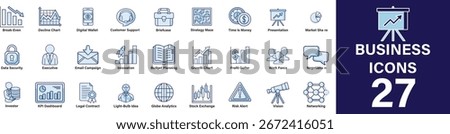 Flat business icon set in EPS format. Ideal for corporate, finance, marketing, and app use. Clean, scalable vector with sharp edges and no background.