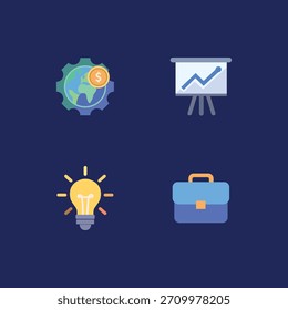 Flat business icon set with globe dollar, growth chart, lightbulb idea and briefcase. Perfect for startup, finance, global business, entrepreneurship, success and innovation concepts.