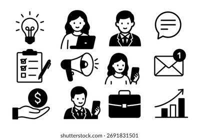 Flat Business Icon Set – Office, Communication, and Teamwork Concept