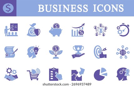 Icono de negocio plano en color púrpura, que representa las finanzas, marketing, estrategia, inversión y conceptos de crecimiento