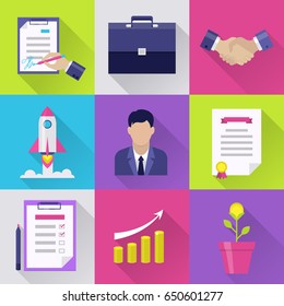 Flat business icons set: document, page on tablet, office file and man, rocket and handshake,. Interface elements in flat design with long shadows. Vector illustration isolated on white background.