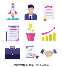 Flat business icons set: document, page on tablet, office file and man, rocket and handshake,. Interface elements in flat design. Vector illustration isolated on white background.