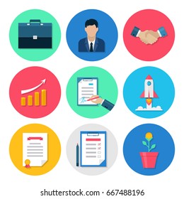 Flat business icons set: document, page on tablet, office file and man, rocket and handshake,. Interface elements on rounded shapes, vector illustration isolated on white background.