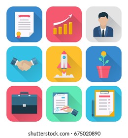 Flat business icons set: document, page on tablet, office file and man, rocket and handshake,. Interface elements, vector illustration isolated on white background.