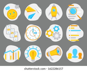 Flat business icons vector set. Icons for web design, mobile app, seo, business, management, finance, social media marketing and live chat 