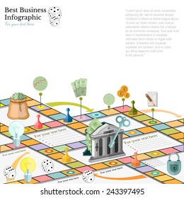 flat business infographic background with financial board game game cells dice game pieces money