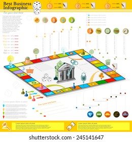 flat business infographic background with financial board game game cells, dice, game pieces, money, pointer, icon etc