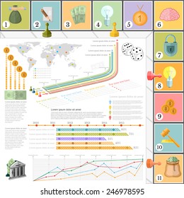 flat business infographic background top view with financial board game game cells dice game pieces money