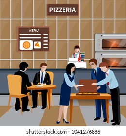 Flat business lunch people composition with workers and colleagues have lunch in a pizzeria vector illustration