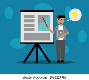 Flat Business man giving a speech showing presentation of the project, sales statistics graphs on presentation screen