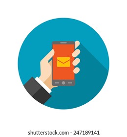 Flat Business Man Hold Smart Phone Digital Marketing icon design and long shadow vector illustration for website and promotion banners. 