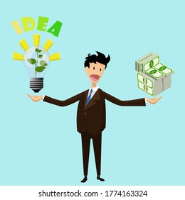 Flat business man keep in one hand lamp with growing sprout idea in another huge money packs. Vector illustration concept with money and idea.