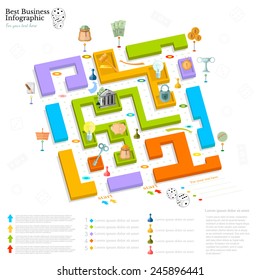 flat business maze infographic background top view with financial board game game cells dice game pieces money