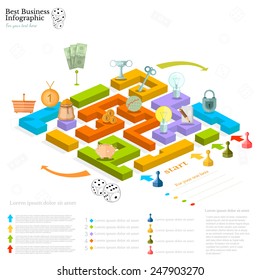 flat business maze infographic background with financial board game game cells dice game pieces money