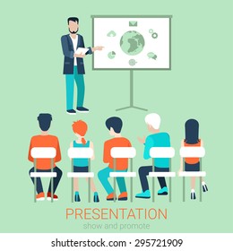 Flat Business Meeting, Skull Session, Council, Presentation, Get-together, Palaver Web Infographic Concept Vector. Group Of Character People Auditory, Boss In Center By Blackboard.