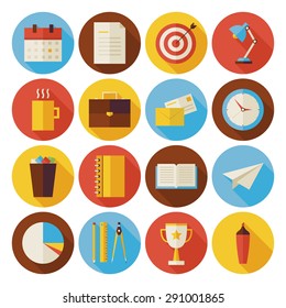 Flat Business and Office Circle Icons Set with long Shadow. Flat Styled Vector Illustrations. Back to School. Science and Education Set. Collection of Instruments and Tools. Success and leadership