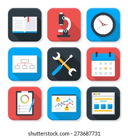 Flat Business and Office Life App Icons Set. Vector Illustration of Rectangular Shaped Icons Set with Long Shadows