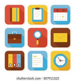 Flat Business and Office Squared App Icons Set. Flat Style Vector Illustration. Office Tools Set. Collection of Square Rectangular Shape Application Colorful Icons with Long Shadow 