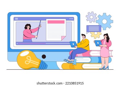 Flat business online education and e-learning at home concept. Webinar, video training, tutorial podcast and coaching. Outline design style minimal vector illustration.