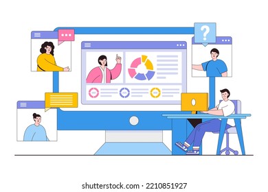 Flat business online meeting via video call, work from home concept. Outline design style minimal vector illustration.