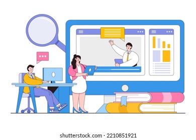 Flat business online training course concept. Outline design style minimal vector illustration.
