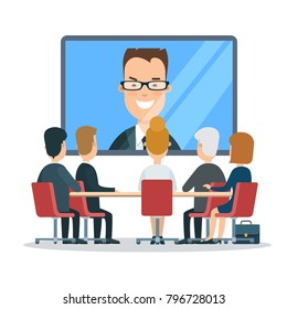 Flat business online video report, meeting, council, presentation, web infographic vector. Group businesspeople sitting, looking to big screen TV internet chat with boss or coach. Manager face speaks