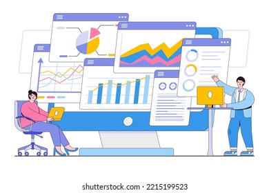 Flat business people analysts working with data on dashboard, studying research strategy concept. Outline design style minimal vector illustration.