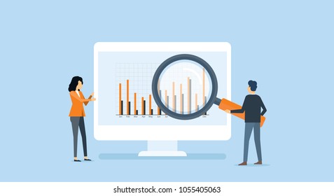 flat business people analytics and monitoring investment and finance report graph on monitor concept