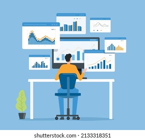 Gráfico de informes sobre el concepto de supervisión de empresas de análisis y seguimiento de inversiones y finanzas de empresas de carácter plano. Planificación de marketing de negocios.