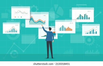 Flat Business People Analytics And Monitoring Investment And Finance Report Graph On Monitor Concept. Business Marketing Planning.