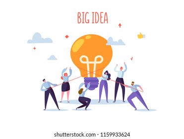 Flat Business People with Big Light Bulb Idea. Innovation, Brainstorming, Creativity Concept. Characters Working Together on new Project. Vector illustration