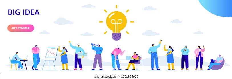 Flat business people with big Light Bulb Idea. People working together on new Project. Flat Vector illustration. Creativity, Brainstorming, Innovation concept. 