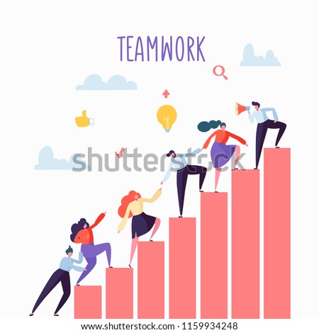 Flat Business People Climbing Up The Stairs. Career Ladder with Characters. Team Work, Partnership, Leadership Concept. Vector illustration
