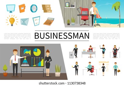 Flat business people concept with businessmen and businesswomen in different situations monitor clock documents lightbulb letter checklist calculator vector illustration