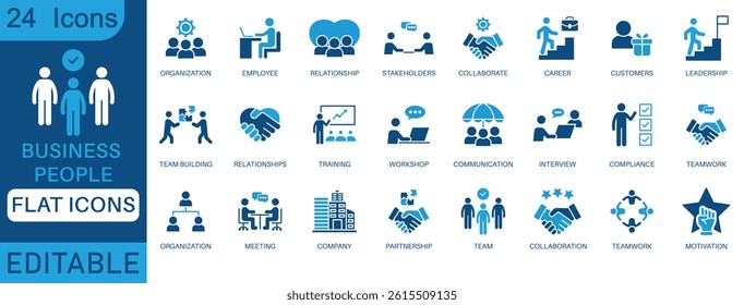 Flat business people icons set including teamwork, leadership, communication, collaboration, meeting, training, company, employee, stakeholder, organization, and motivation concepts.