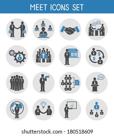 Flat business people meeting icons set of management and leadership isolated vector illustration