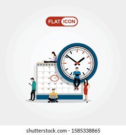 Flat business people planning operation, circle mark on calendar. Business operations planning and scheduling concept.