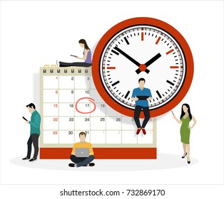 Flat business people planning operation, circle mark on calendar. Business operations planning and scheduling concept.