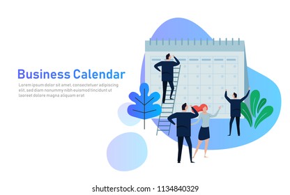 Flat Business People Planning And Scheduling Operation Calendar. Business Operations Planning And Scheduling Concept. Vector