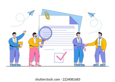 Flat business people reading legal document with people characters concept. Outline design style minimal vector illustration for landing page, web banner, infographics, hero images