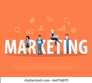 Flat Business people with tablets and laptops sitting on and standing near big letters forming MARKETING word vector illustration. Color background with icons. Marketing concept.