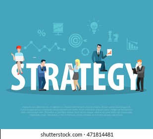 Personas de negocios planos con tabletas y laptops sentadas y paradas cerca de letras grandes formando ilustración de vector de palabras STRATEGY. Fondo de color con iconos. Concepto de negocio.