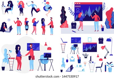 Flat Business Peoples and Elements.Mans and Womans concept. Business illustration concept.Business people at work. Office worker  behind the a work. Vector illustration of a flat design.