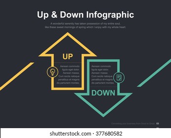 Flat business presentation vector slide template with up and down arrows diagram