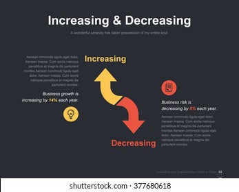 Flat business presentation vector slide template with increasing and decreasing arrows diagram