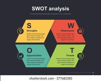 Flat business presentation vector slide template with swot analysis diagram