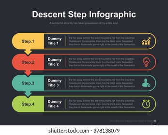 Flat business presentation vector slide template with step text boxes diagram